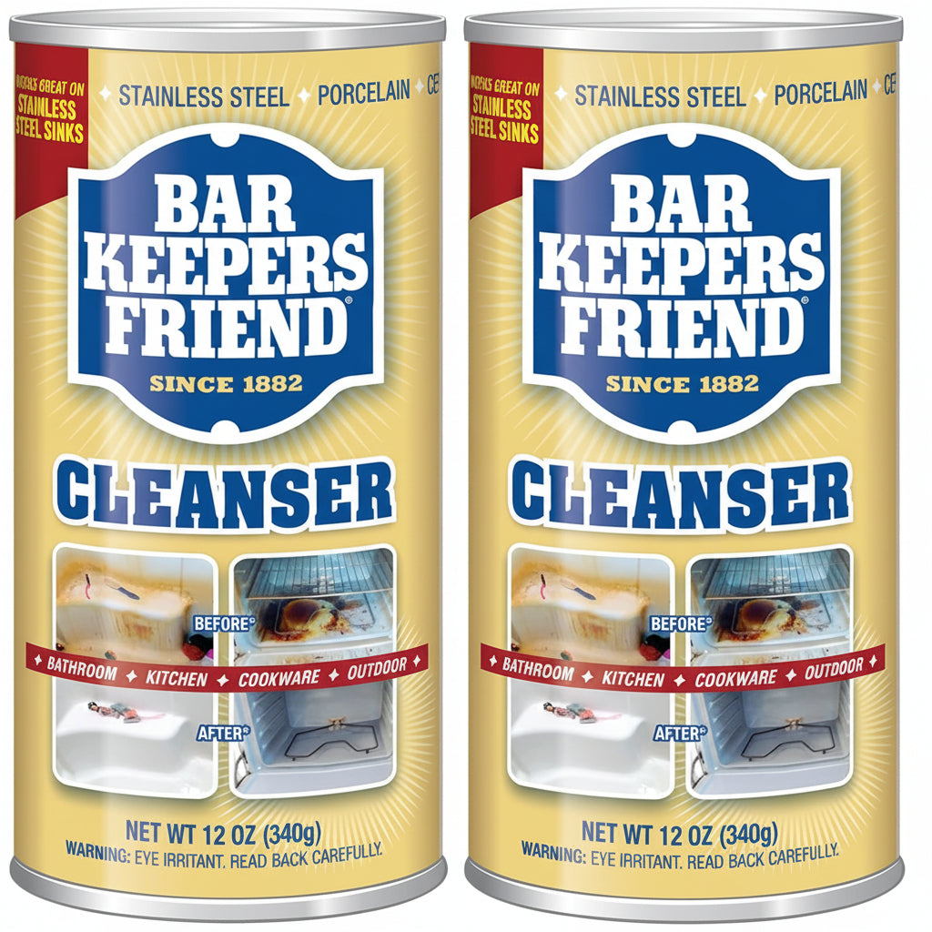 Bar Keepers Friend Powder Cleanser (2 x 12 oz) Multipurpose Cleaner, Stain & Rust Remover for Bathroom, Kitchen & Outdoor Use on Stainless Steel, Aluminum, Brass, Tile, Ceramic, Porcelain & More