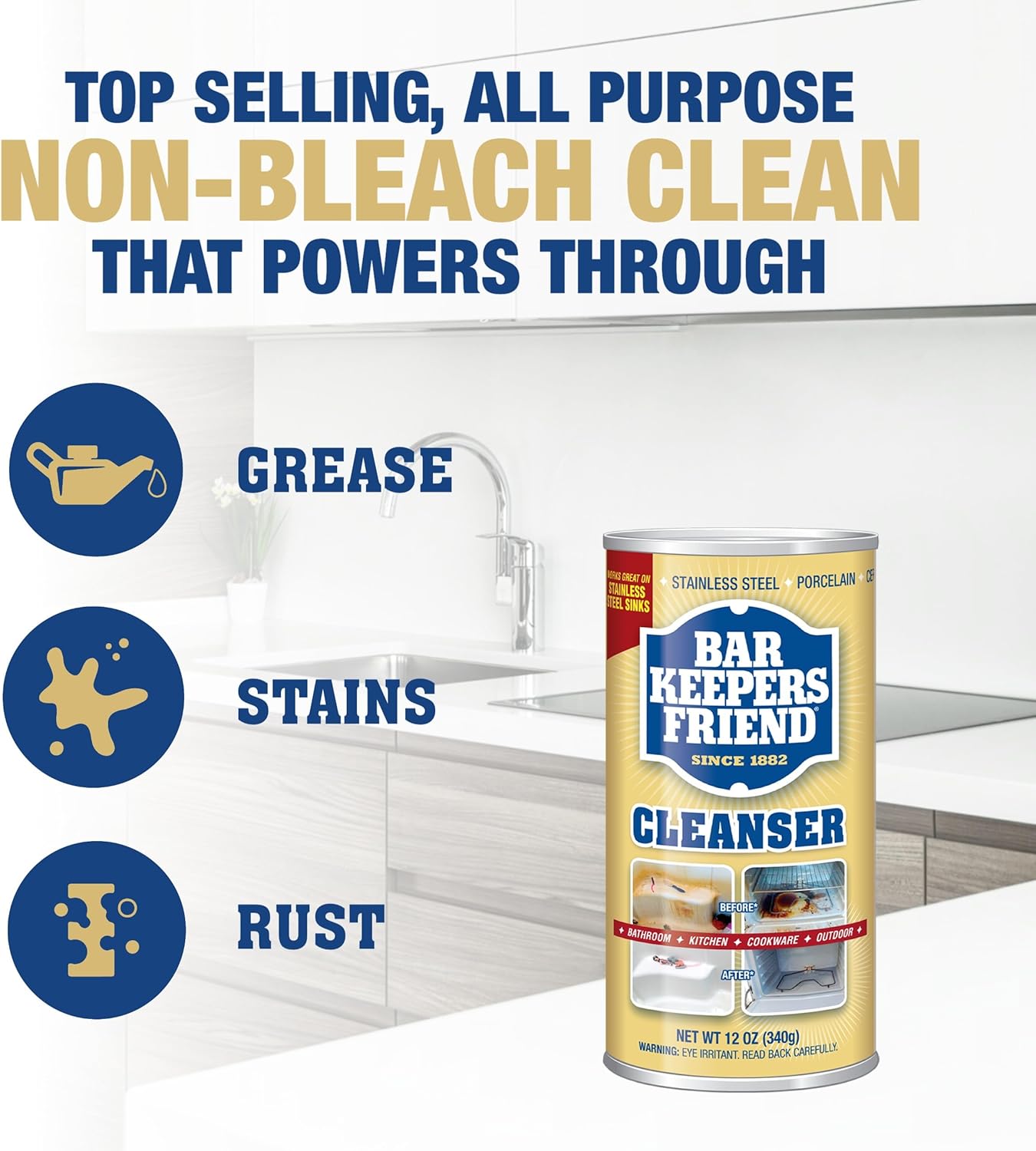 Bar Keepers Friend Powder Cleanser (2 x 12 oz) Multipurpose Cleaner, Stain & Rust Remover for Bathroom, Kitchen & Outdoor Use on Stainless Steel, Aluminum, Brass, Tile, Ceramic, Porcelain & More