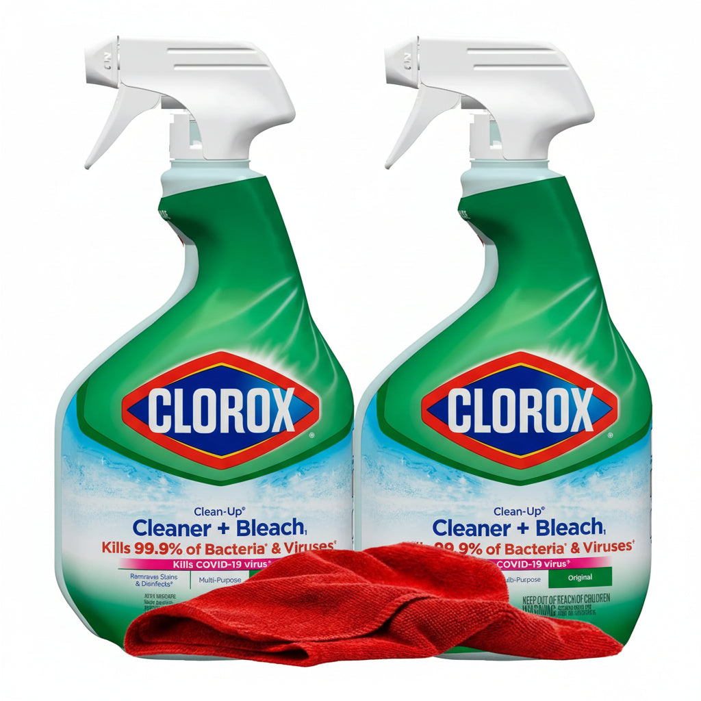 Clorox Clean-Up Cleaner Bleach Spray, 2 Pack, All Purpose Bleach Spray Trigger, Disinfects Kitchen,Bathroom,Tiles,Original Scent, Mold & Mildew Cleaner, 32 oz. Each plus red Microfiber Cleaning Cloth