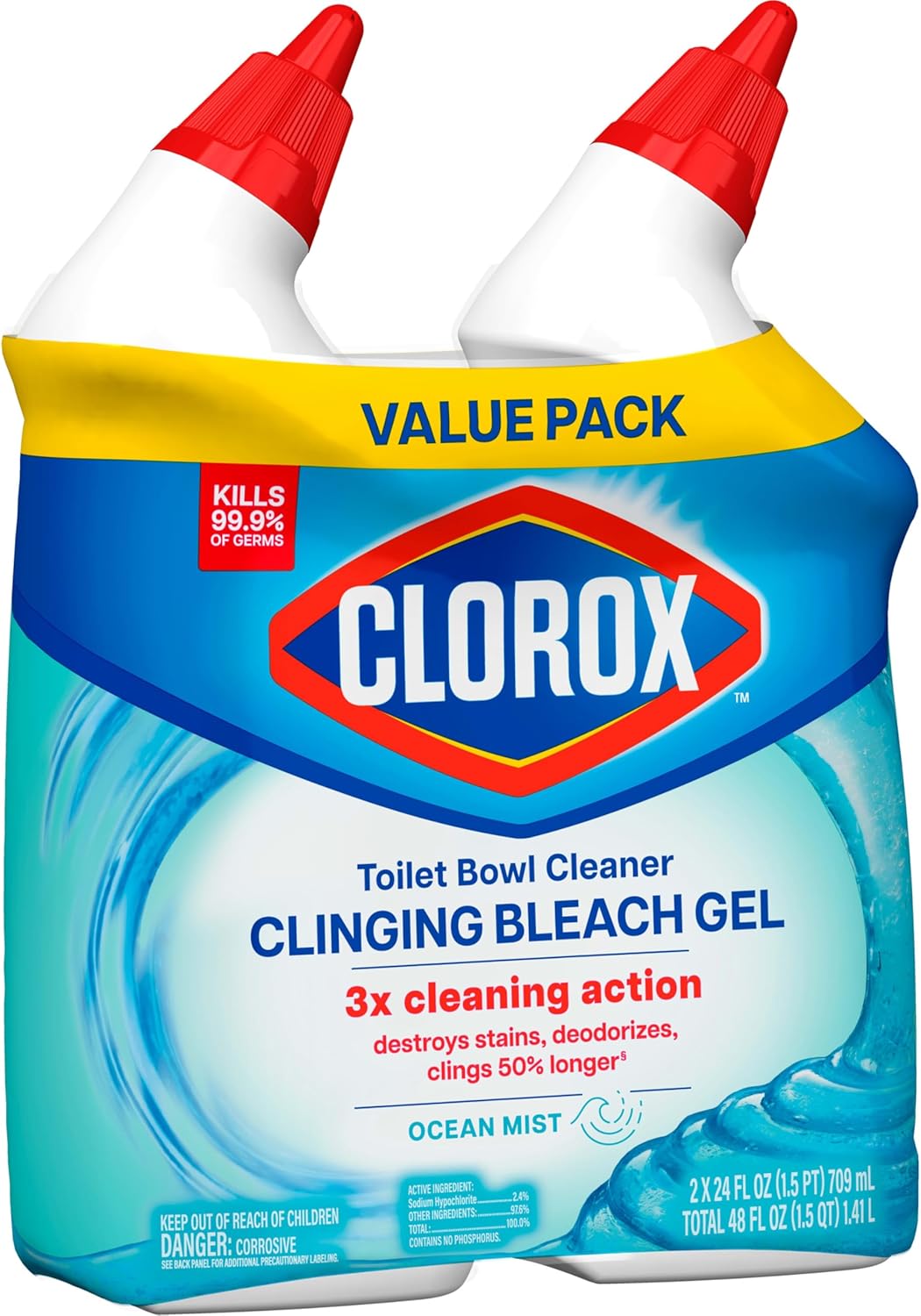 CLOROX Toilet Bowl Cleaner Clinging Bleach Gel, Ocean Mist, 24 Fl Oz, Pack of 2 (Package May Vary)